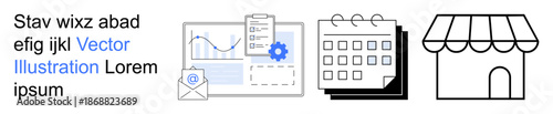 Data analysis, e-commerce, small business planning, market research, online store setup, customer communication. Graphs, calendar and a storefront icon. Data analysis and e-commerce