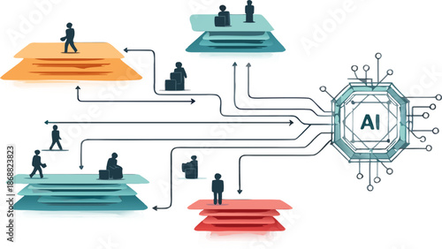 Artificial intelligence processing human data layers neural network connections machine learning algorithms information flow digital technology system future innovation concept