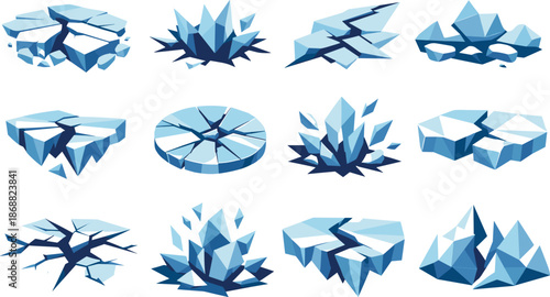 Geometric Ice Icons. Low-poly vector icon set for cracking ice and breaking frozen surfaces, featuring angular polygonal geometry,