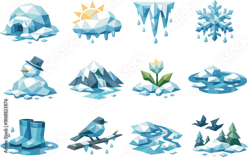 Winter Thaw Icons. Farewell to winter and seasonal thaw illustrated as a cohesive low-poly vector icon set built from angular
