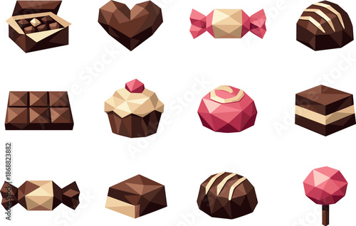 Geometric Candy Icons. Box of candies and chocolates visualized as a low-poly vector icon set with sharp polygon edges, faceted