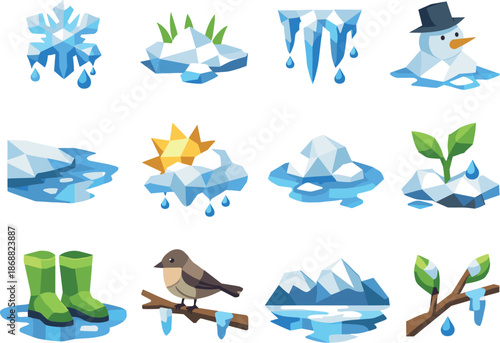 Spring Thaw Icons. Low-poly polygonal vector icon set focused on thaw, early spring melt, seasonal transition, and melting snow,