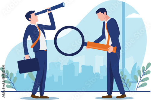 Business search - Two businessmen searching for solutions with magnifying glass and binoculars. Research concept