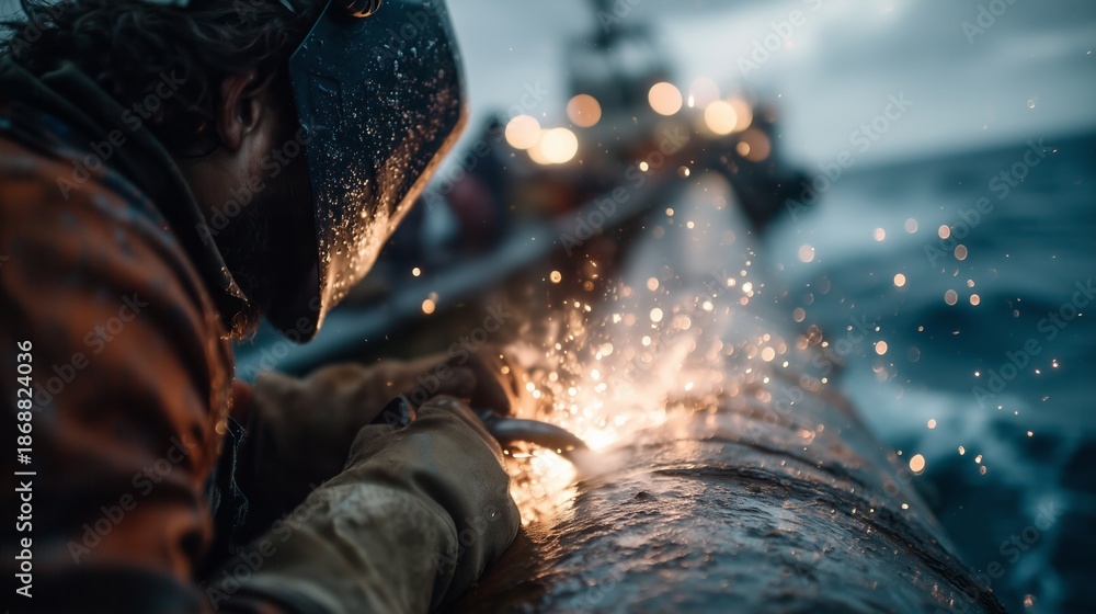 Fototapeta premium Welding a pipe on a ship during evening hours in rough sea conditions