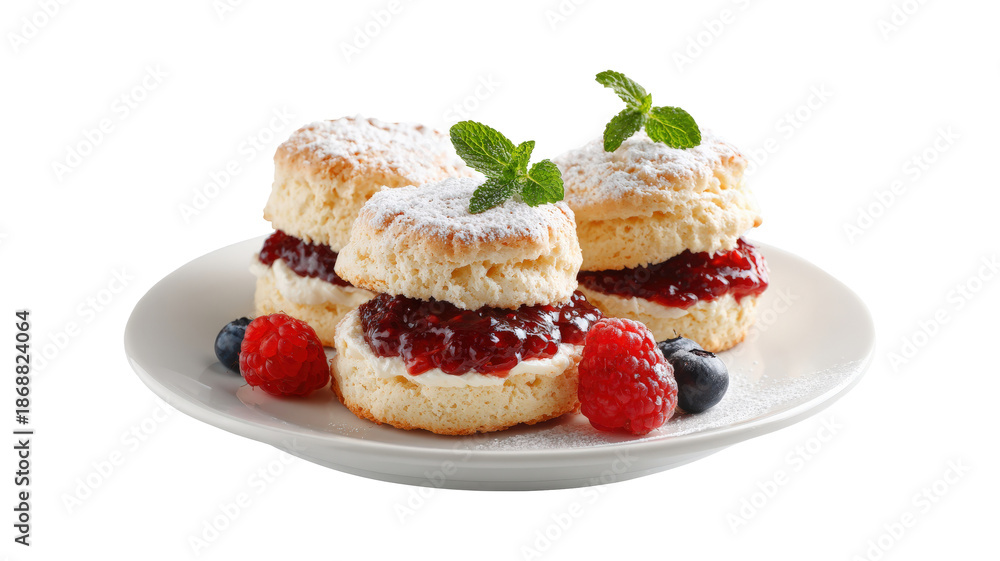 Fototapeta premium Tasty biscuit cakes with jam and berries on a plate isolated on a white background