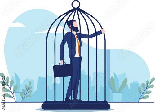 Businessman in cage - Business person feeling trapped at work, imprisoned by work and career stagnation concept.