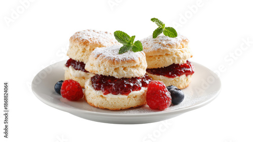 Tasty biscuit cakes with jam and berries on a plate isolated on a white background