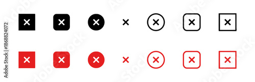 Set of Flat and Outline Cross Icons Isolated on White Background in Different Styles in Black and Red Colors Pixel Perfect Vector Symbol for Delete Sign