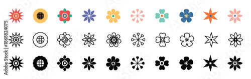 Set of Flower Floral Plant Spring Summer Blossom Gardening Nature Botany Vector Icon in Line Glyph and Color Style Isolated on White Background