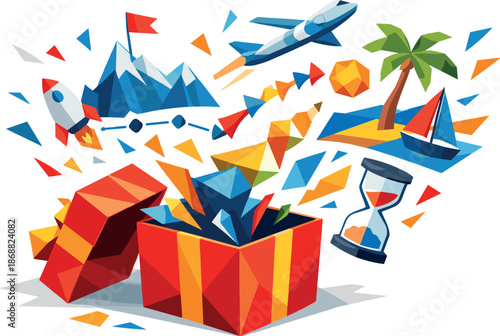 Exploding Gift Box. Low-poly vector illustration focused on a gift box bursting open with shared plans for the year instead of a