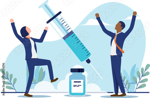 Businesspeople celebrating vaccine - Two people cheering and being happy for vaccination and returning to work