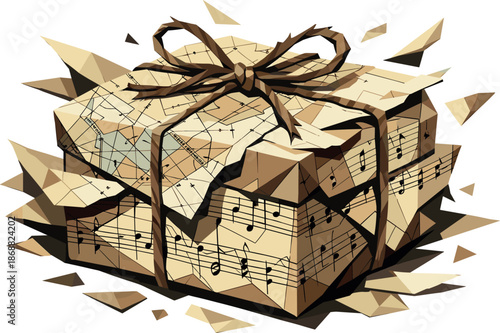 Geometric Gift Wrap. Low-poly vector illustration focused on a present wrapped in recycled old maps and musical sheet paper,