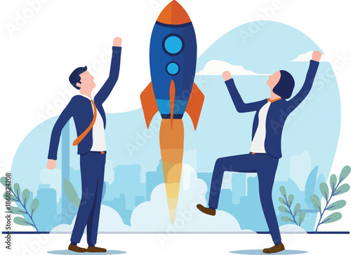 Business launch - Man and woman at work launching projects and celebrating. Corporate vector illustration with white background..