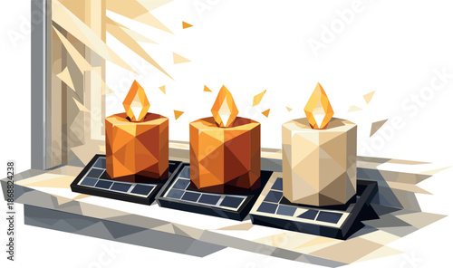 Solar Candle Energy Transition. Low-poly vector illustration focused on solar-powered electric candles recharging on a windowsill