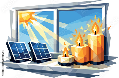 Solar-Powered Candle Design. Low-poly vector illustration focused on electric candles powered by solar panels charging during the