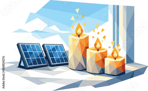 Solar-Powered Candles. Low-poly vector illustration focused on renewable electric candles with solar cells charging by a window,