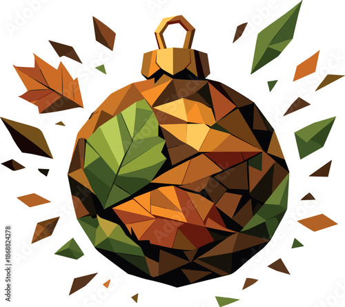 Eco Christmas Ornament. Low-poly vector illustration focused on an eco-friendly Christmas ball crafted from compressed fallen