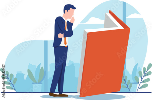 Businessman learning from book - Person standing while reading and thinking. Learn, personal development and knowledge concept