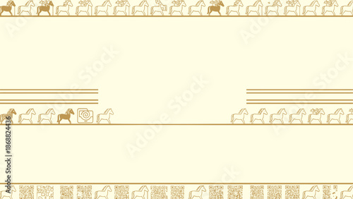 Ancient Egyptian Hieroglyphic Border with Horse and Animal Figures. Lunar New Year Vector Illustration. EPS Editable