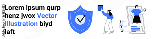 Digital security, online learning, identity verification, data management, communication, technology. Shield with checkmark, person holding a book mobile device. Digital security and identity