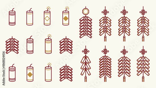 Chinese New Year Firecrackers and Fireworks Collection. Lunar New Year Vector Illustration. EPS Editable