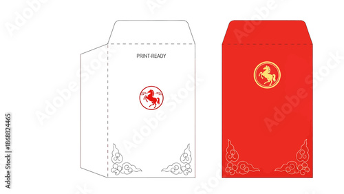 Chinese New Year Red Packet Template with Horse Zodiac Design. Lunar New Year Vector Illustration. EPS Editable