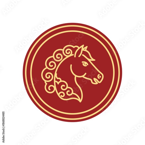Chinese Zodiac Horse Symbol Emblem Red and Gold Circle. Lunar New Year Vector Illustration. EPS Editable