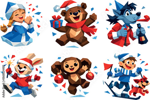 Nostalgic New Year Stickers. Low-poly vector illustration focused on New Year stickers for chat apps based on nostalgic animated