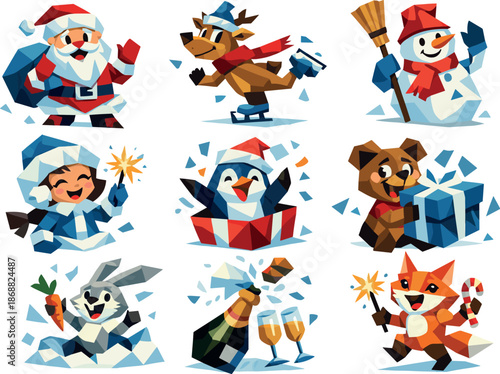 Retro New Year Stickers. Low-poly vector illustration focused on a New Year messenger sticker pack with cheerful retro cartoon