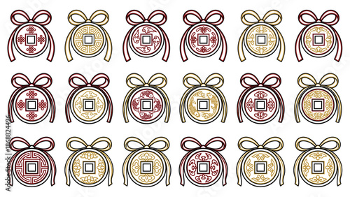 Collection of Chinese Ancient Coins Tied with Red Ribbons. Lunar New Year Vector Illustration. EPS Editable
