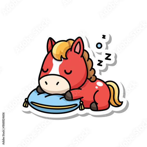 Cute Cartoon Horse Sleeping on a Blue Pillow Sticker Design. Lunar New Year Vector Illustration. EPS Editable