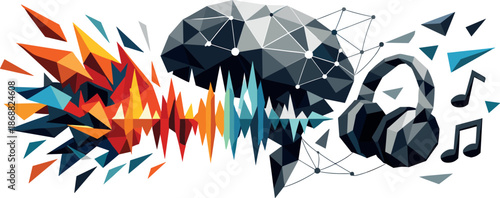 Abstract Emotional Soundscape. Low-poly vector illustration focused on an AI-generated music playlist shaped by yearly emotional