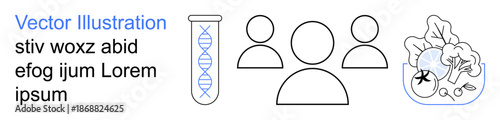 Health research, biology, demographics, DNA testing, nutrition science, dietary research. a DNA helix, human figures and a bowl of vegetables. Health research and biology