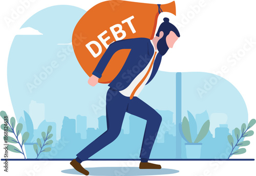  Business debt - Businessman carrying a big bag on his back having financial problems. Bad finance concept.