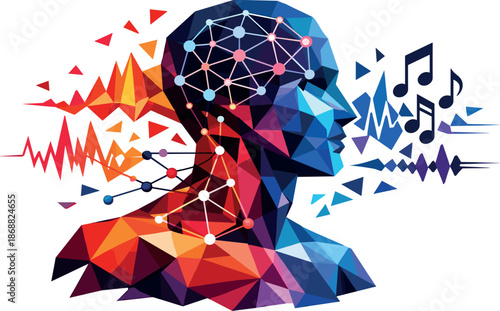 Emotional Music Harmony. Low-poly vector illustration focused on neural network music curation based on emotional history over a