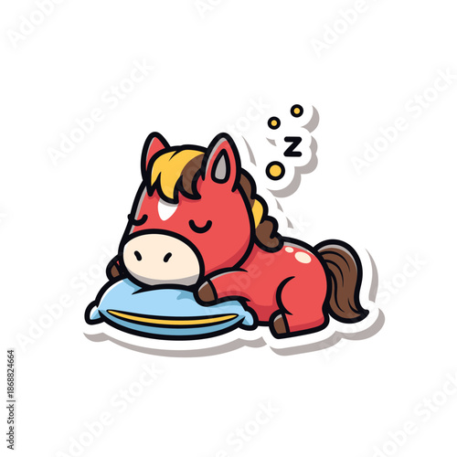 Cute Cartoon Sleeping Horse Sticker Design. Lunar New Year Vector Illustration. EPS Editable