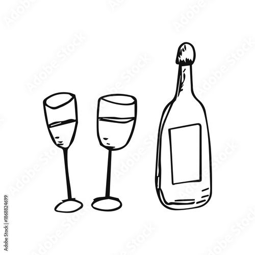 Wine bottle and glasses sketch on a white background
