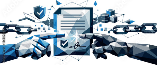 Smart Contract Geometry. Low-poly vector illustration focused on an automated digital agreement powered by smart contracts,
