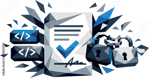 Smart Contract Geometry. Low-poly vector illustration focused on a smart contract as a core element of blockchain technology,