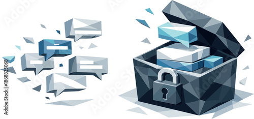 Geometric Chat Storage. Low-poly vector illustration focused on digital chat archiving and conversation storage, polygonal