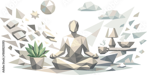 Space Detox Clarity. Low-poly vector illustration focused on a space detox concept promoting simplicity and balance, angular