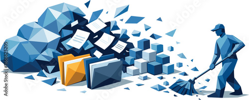 Organized Cloud Vector Art. Low-poly vector illustration focused on cleaning and organizing cloud data, polygonal geometric style