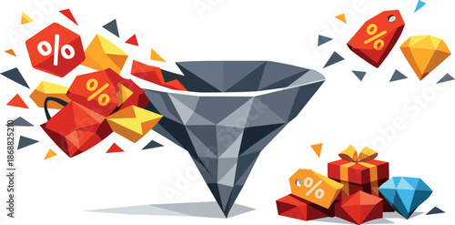 Dynamic Sale Selection. Low-poly vector illustration focused on filtering and selecting sale items, angular polygonal design with
