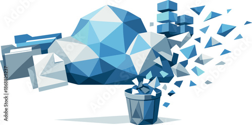 Polygonal Cloud Cleanup. Low-poly vector illustration focused on cloud storage cleanup, polygonal geometric style with sharp
