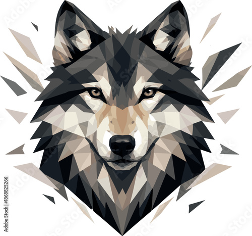 Geometric Wolf Portrait. Low-poly vector illustration focused on a frontal wolf head portrait, polygonal geometric style with