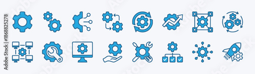 Set of Gears Flat Vector Icons in Blue Color on White Background Engineering Symbol Mechanical Technology Development Process Sign Settings Mechanism Machine Cogwheel