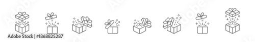 Set of gift box icons depicting opening and sparkling effects, symbolizing surprise, celebration, and special occasions with present reveals