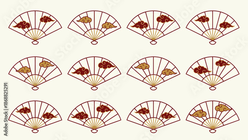 Japanese folding fans with traditional cloud patterns set of twelve cultural decor. Lunar New Year Vector Illustration. EPS Editable