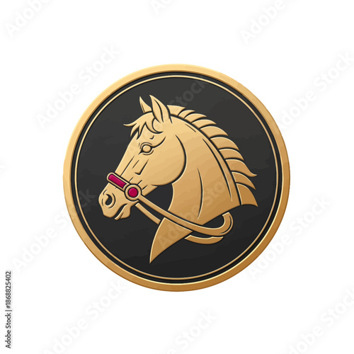 Elegant Golden Horse Head Logo Design on Black Circle with Gold Border. Lunar New Year Vector Illustration. EPS Editable