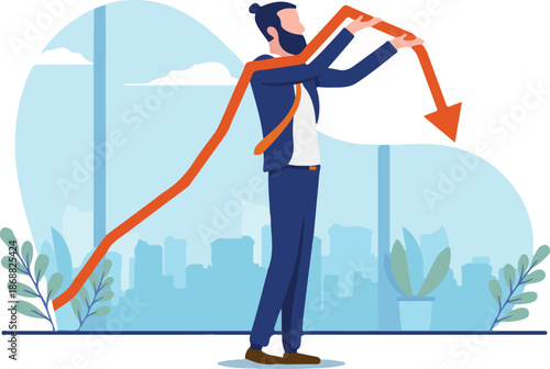 Business arrow pointing down - Corporate businessman holding falling graph showing financial trouble and crisis